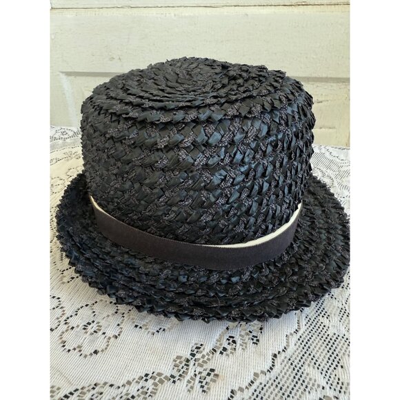 Vintage 1950s Raffia Straw Blue Womens Fedora Style Hat - Picture 3 of 9